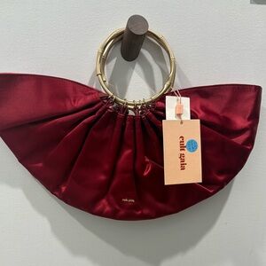 Cult Gaia Burgundy Satin Clutch with Gold Ring Handles